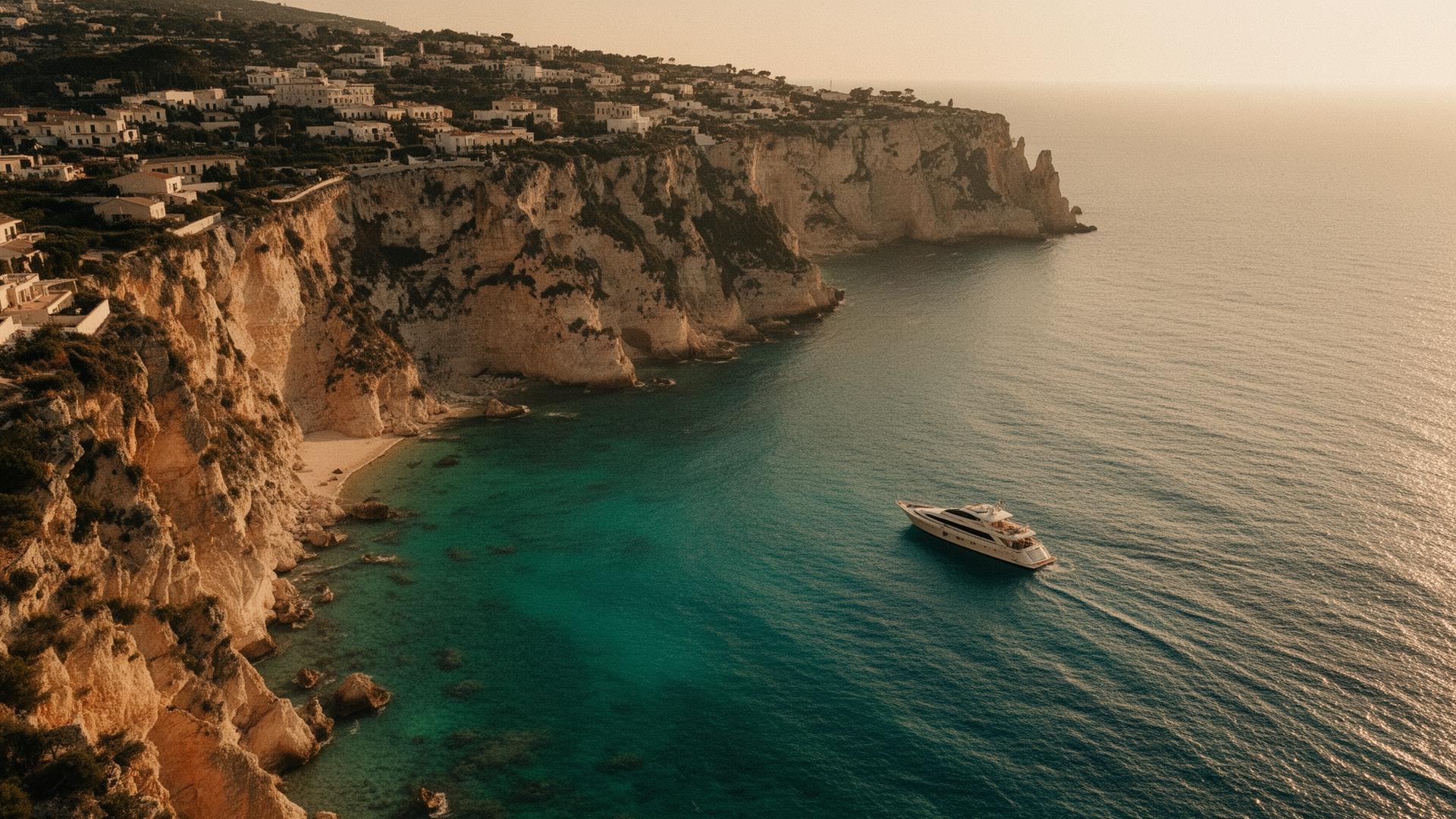 Aerial view of a Mediterranean coastline at golden hour