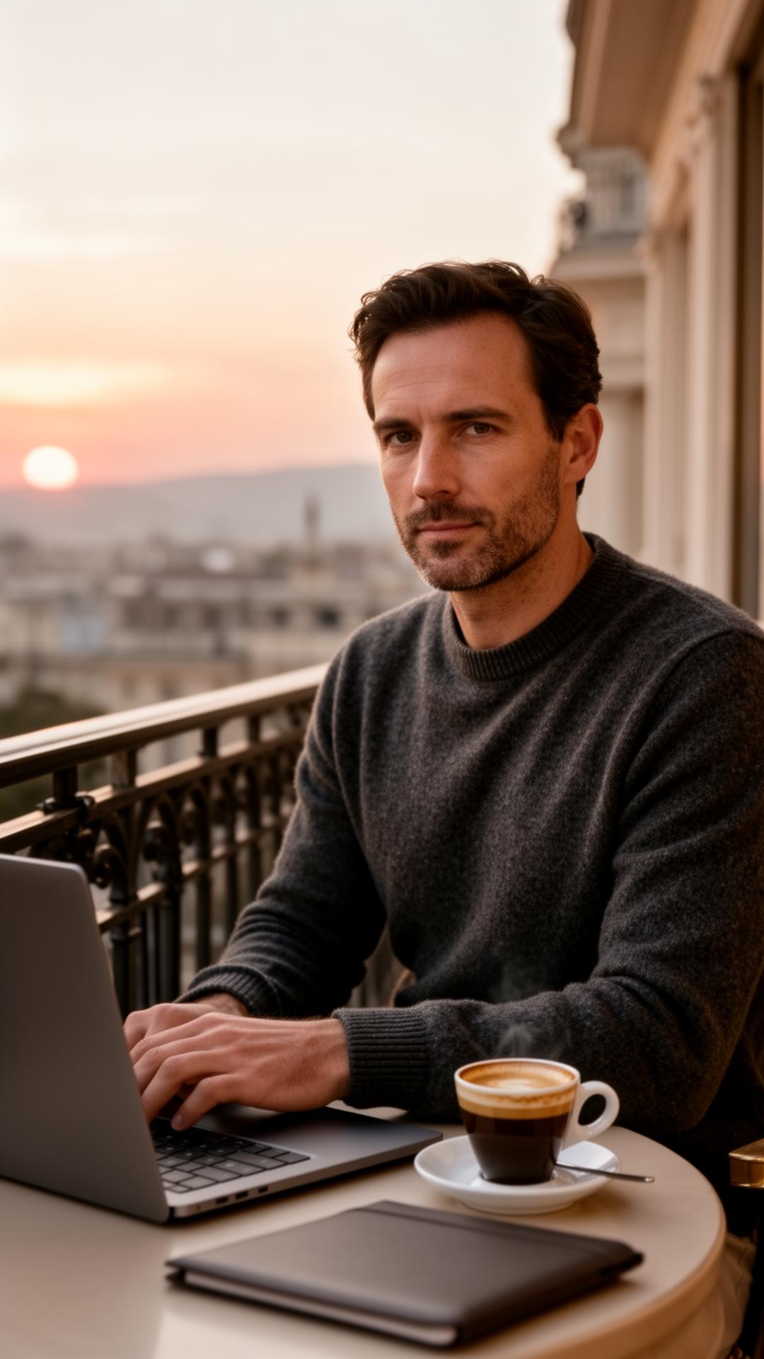Founder working from a hotel balcony at sunrise