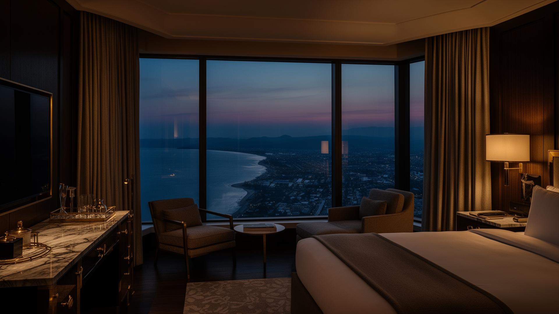 Luxury hotel suite at dusk overlooking coastline